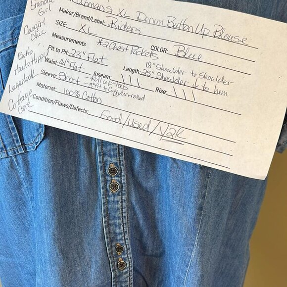 Vintage Women's XL Rider Denim Short Sleeve Shirt Workday Wear Cottage Casual - Picture 2 of 8